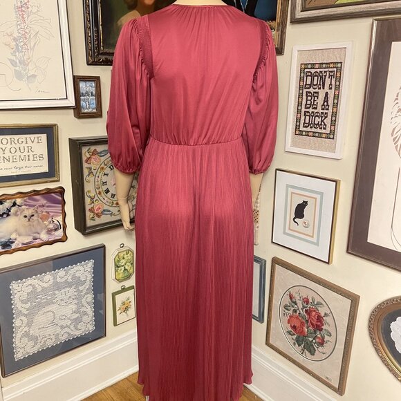 70s Vintage Burgundy Red Long Sleeve Cross Bust Pleated Maxi Dress Size LG - Picture 4 of 7